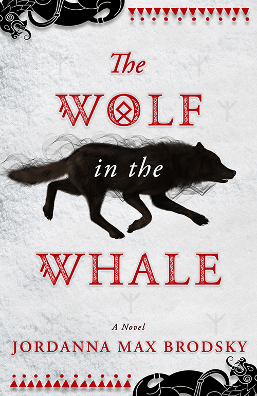 Book cover with a black shadow of a wolf against a white background. "The Wolf in the Whale" by Jordanna Max Brodsky